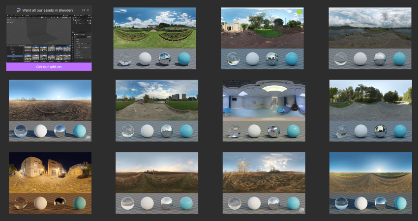 A screenshot of https://polyhaven.com/hdris web site showing a variety of HDI light maps and sample results on path-traced spheres.
